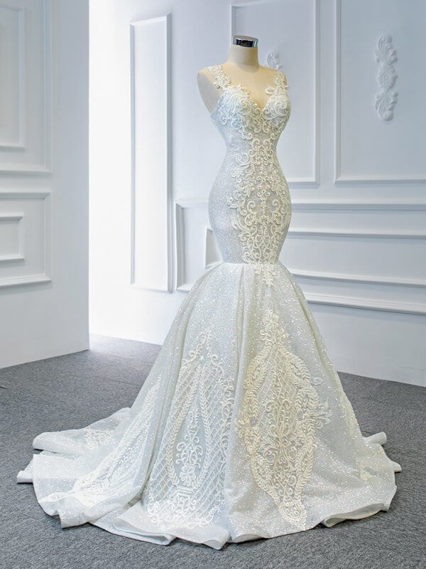 Luxury Model V Neck Long Mermaid Wedding Dress 67137