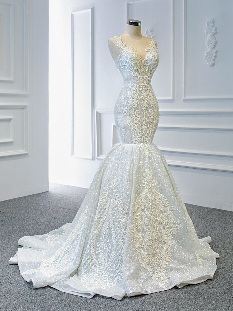 Luxury Model V Neck Long Mermaid Wedding Dress 67137