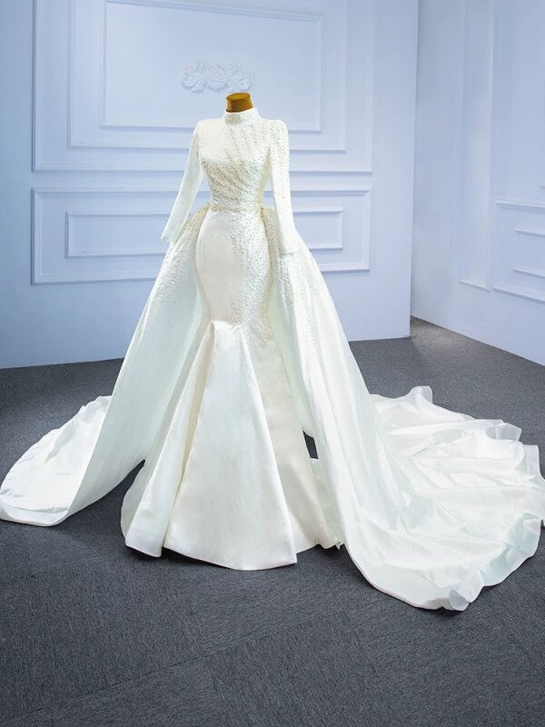 Luxury Model High Neck Pearls Mermaid Wedding Dress 67248
