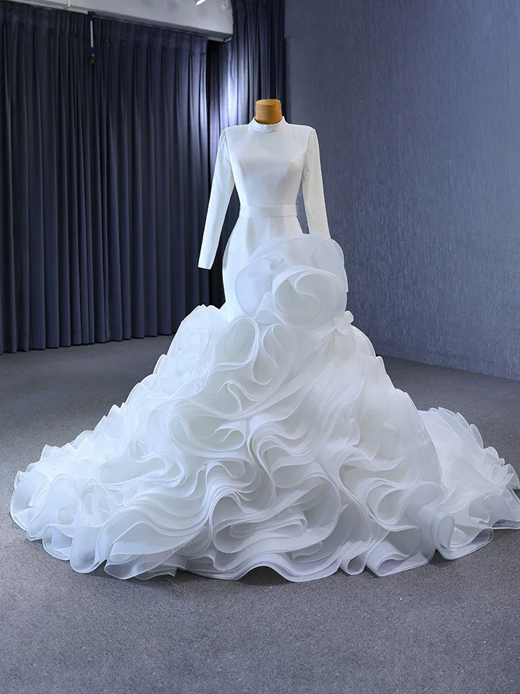 luxury model high neck long sleeve mermaid wedding dress 231014