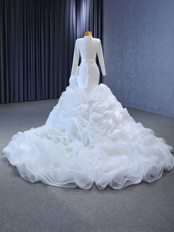 luxury model high neck long sleeve mermaid wedding dress 231014