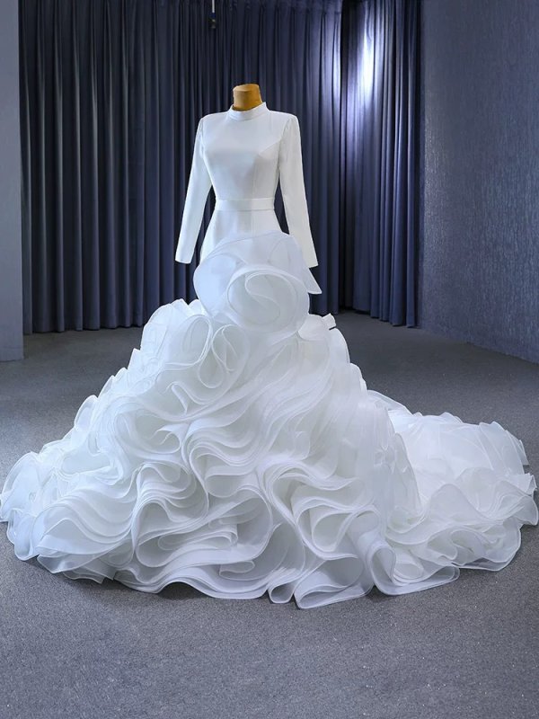 luxury model high neck long sleeve mermaid wedding dress 231014