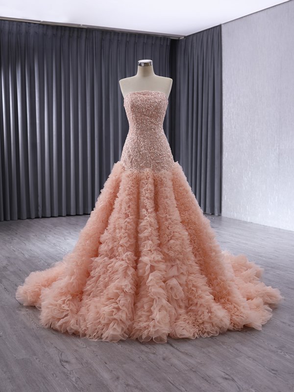 luxury model pink sleeveless tull long mermaid formal prom dress evening gown 241024