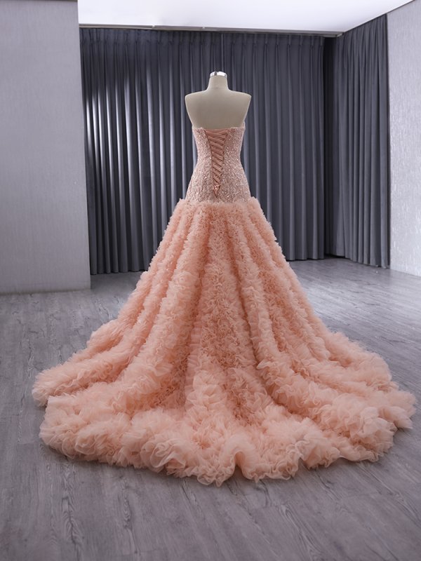 luxury model pink sleeveless tull long mermaid formal prom dress evening gown 241024