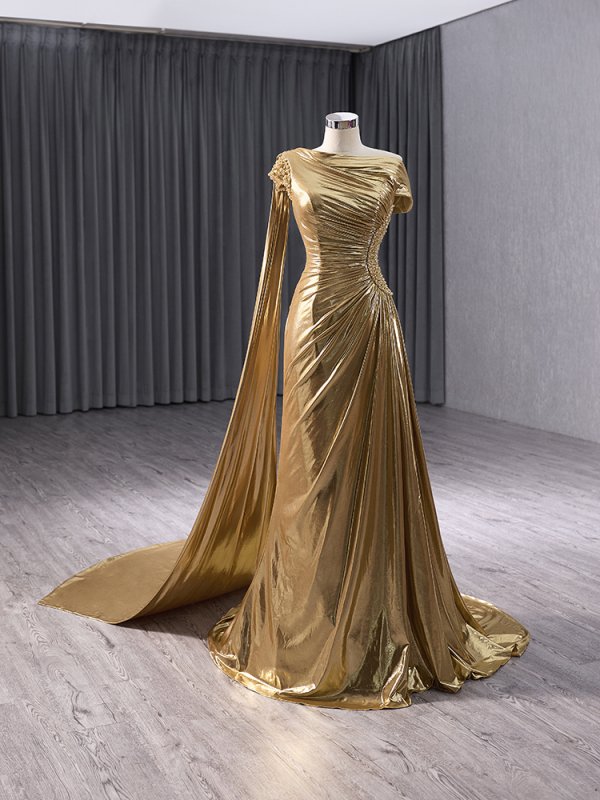 luxury model gold shoulder cape long mermaid formal prom dress evening gown 241032