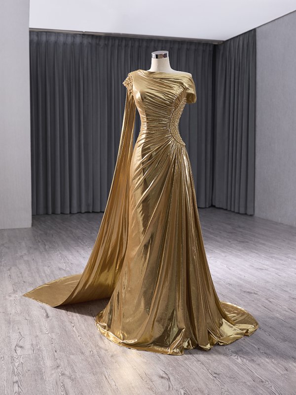 luxury model gold shoulder cape long mermaid formal prom dress evening gown 241032