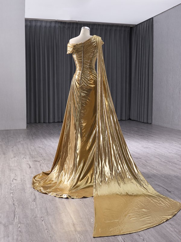luxury model gold shoulder cape long mermaid formal prom dress evening gown 241032