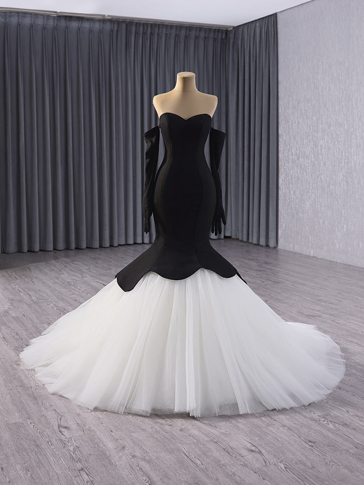 luxury model black white long sleeve mermaid formal prom dress evening gown 241035