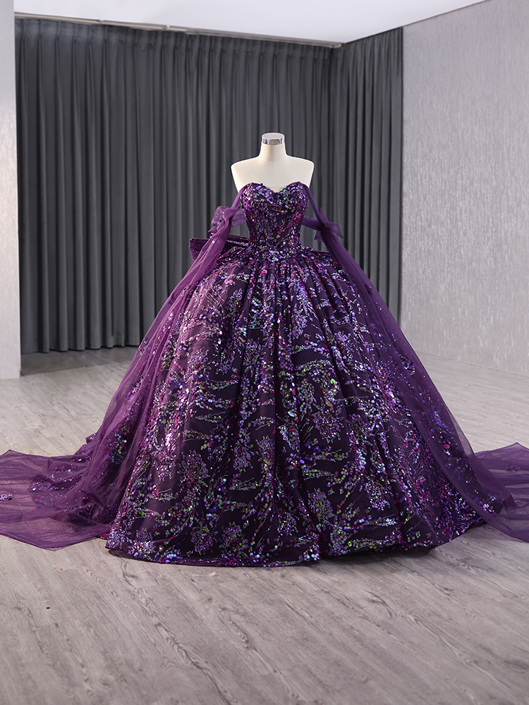 luxury model purple sweetheart bow glitter ball gown quinceanera dress 241037
