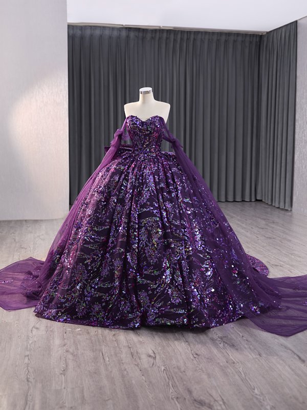luxury model purple sweetheart bow glitter ball gown quinceanera dress 241037