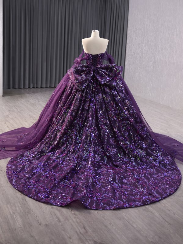 luxury model purple sweetheart bow glitter ball gown quinceanera dress 241037