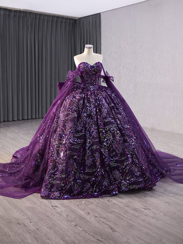 luxury model purple sweetheart bow glitter ball gown quinceanera dress 241037