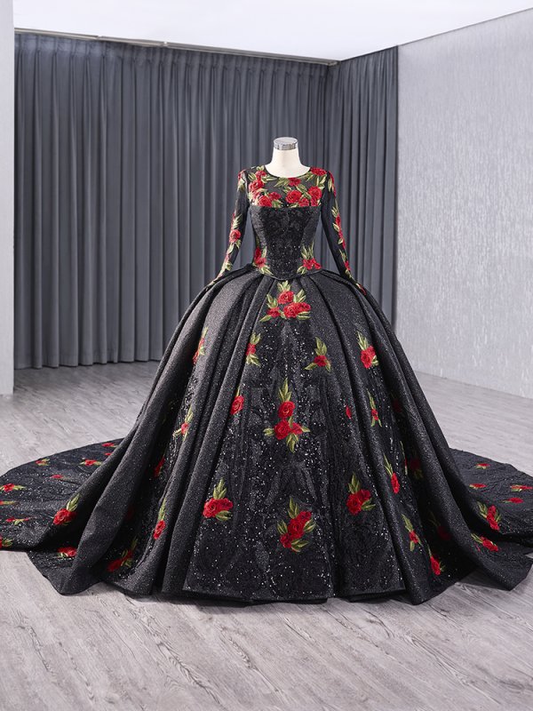 luxury model black long sleeve o neck flower ball gown quinceanera dress 241038