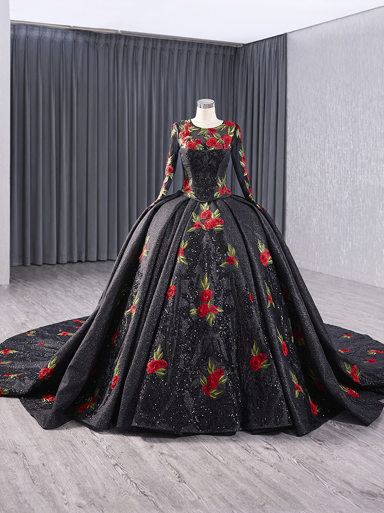 luxury model black long sleeve o neck flower ball gown quinceanera dress 241038