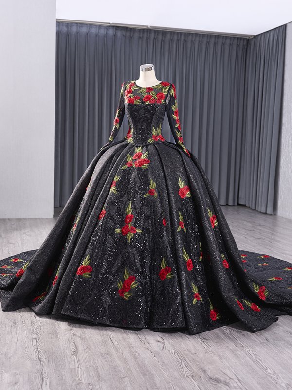 luxury model black long sleeve o neck flower ball gown quinceanera dress 241038