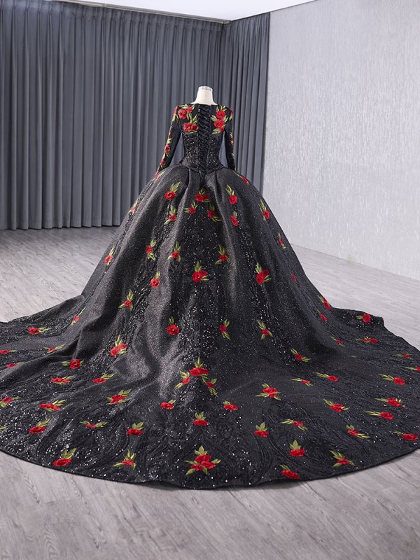 luxury model black long sleeve o neck flower ball gown quinceanera dress 241038
