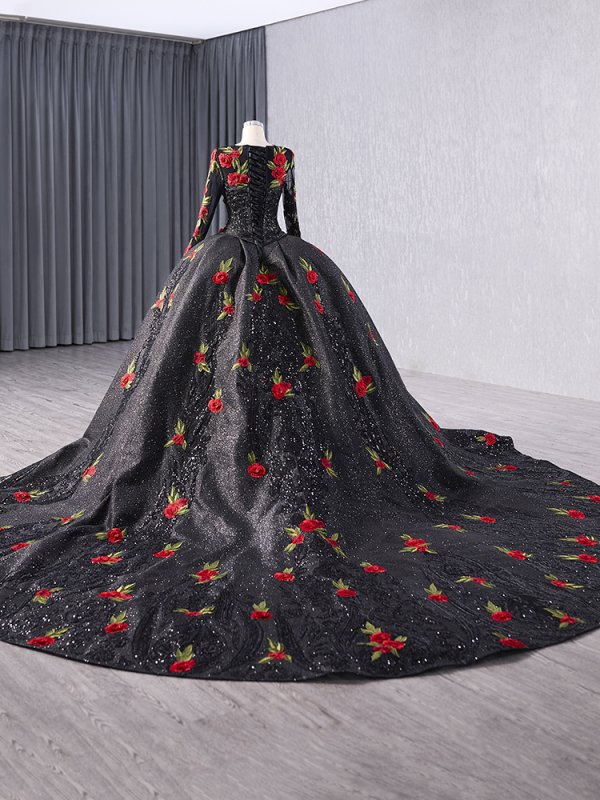 luxury model black long sleeve o neck flower ball gown quinceanera dress 241038