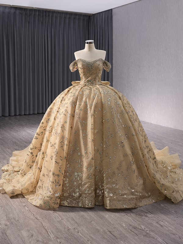 luxury model gold long sweetheart beading ball gown quinceanera dress 241043
