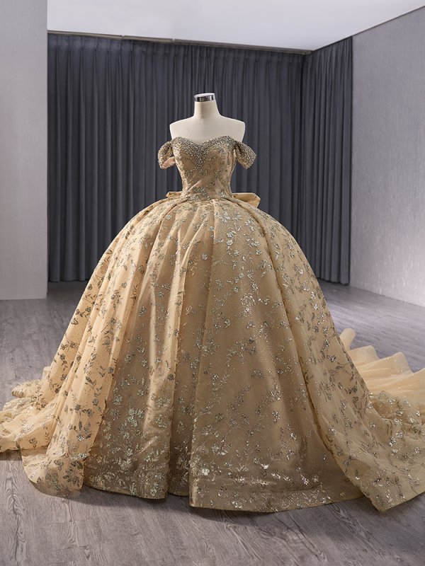 luxury model gold long sweetheart beading ball gown quinceanera dress 241043