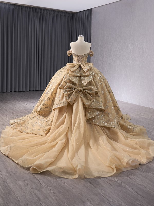 luxury model gold long sweetheart beading ball gown quinceanera dress 241043