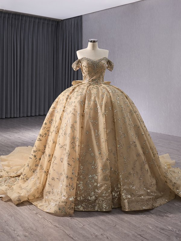 luxury model gold long sweetheart beading ball gown quinceanera dress 241043