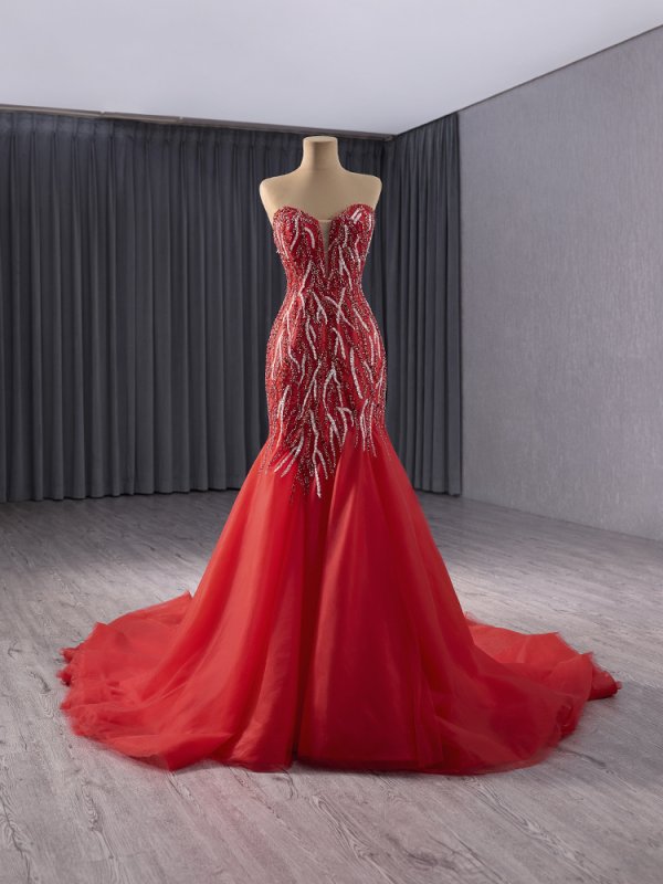 luxury model red sleeveless beading tull formal prom dress evening gown 241050