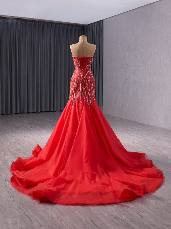 luxury model red sleeveless beading tull formal prom dress evening gown 241050