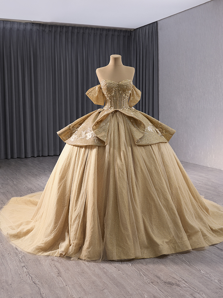 luxury model gold long sweetheart applique ball gown quinceanera dress 241056