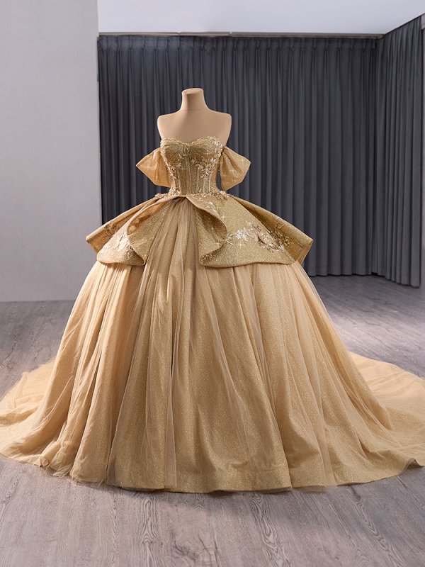 luxury model gold long sweetheart applique ball gown quinceanera dress 241056