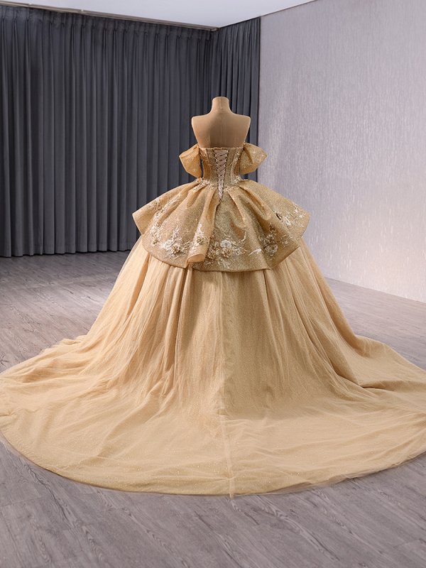 luxury model gold long sweetheart applique ball gown quinceanera dress 241056