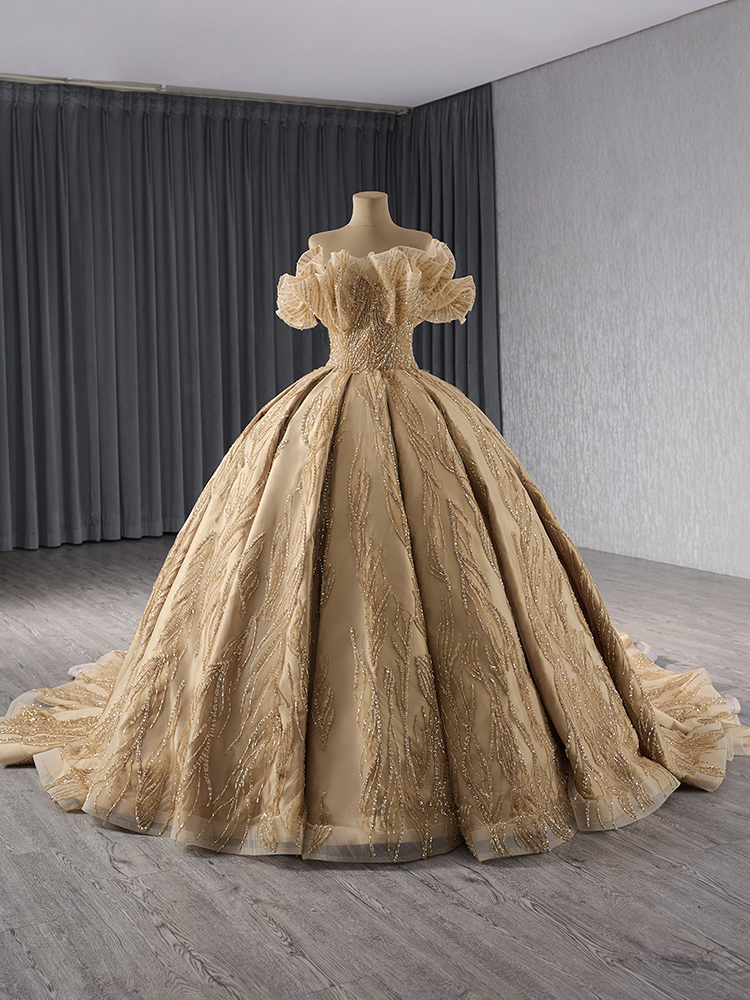 luxury model gold ruffles beading ball gown quinceanera dress 241066