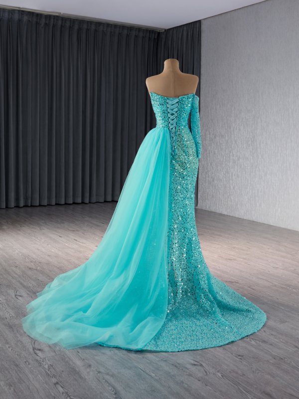 luxury model one shoulder long sleeve mermaid formal evening dress prom gown 241073
