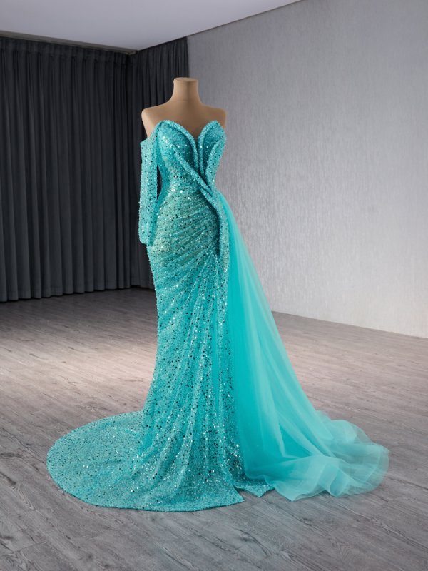 luxury model one shoulder long sleeve mermaid formal evening dress prom gown 241073