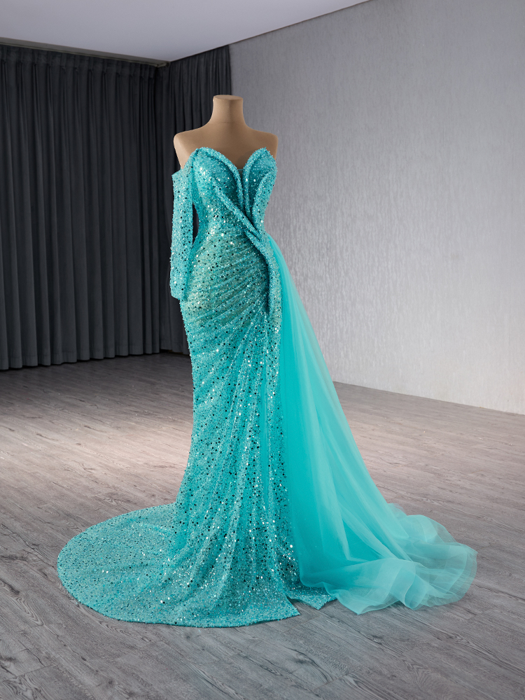 luxury model one shoulder long sleeve mermaid formal evening dress prom gown 241073