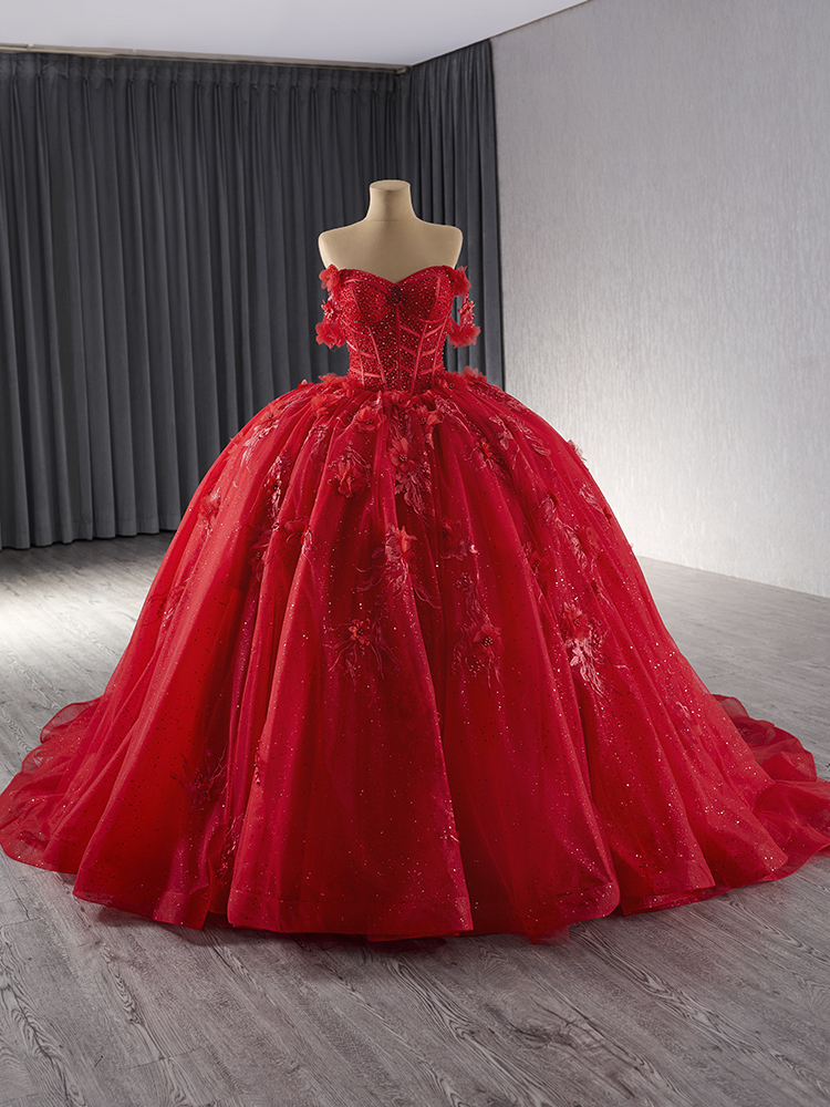 luxury model red off the shoulder flower ball gown quinceanera dress 241081