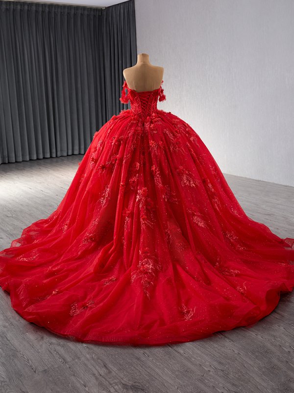 luxury model red off the shoulder flower ball gown quinceanera dress 241081