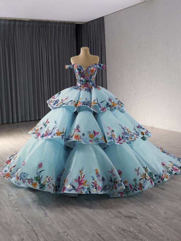 luxury model off the shoulder applique ball gown quinceanera dress 241095