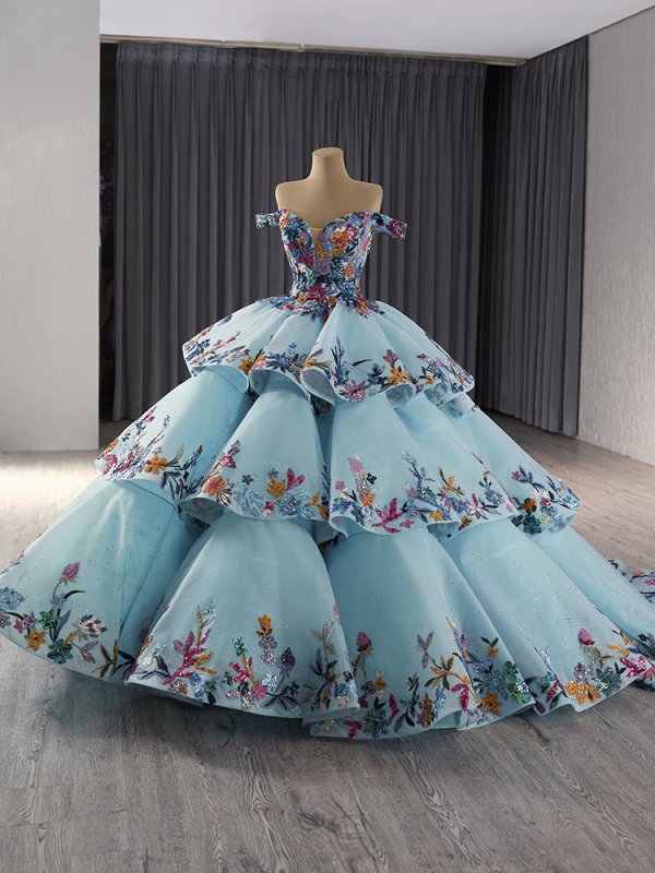 luxury model off the shoulder applique ball gown quinceanera dress 241095