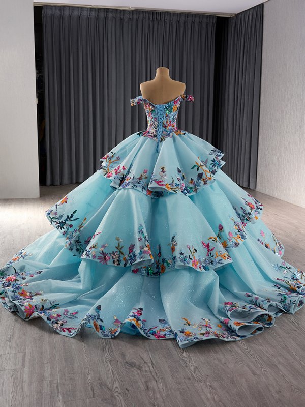 luxury model off the shoulder applique ball gown quinceanera dress 241095
