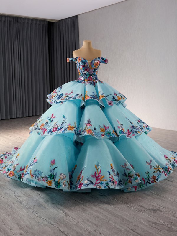 luxury model off the shoulder applique ball gown quinceanera dress 241095