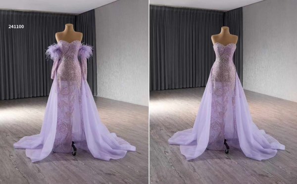 luxury model feather light purple mermaid tull formal evening dress prom gown 241100