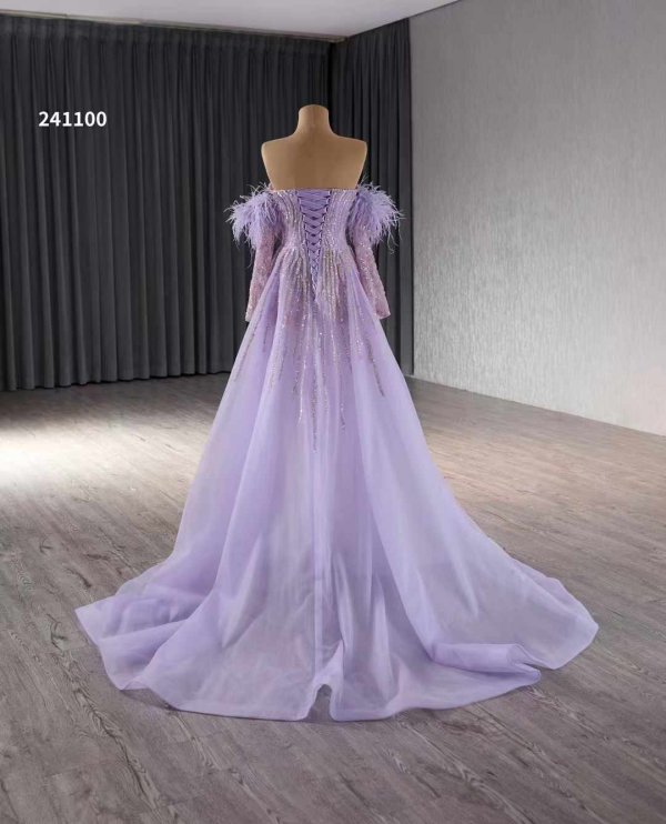 luxury model feather light purple mermaid tull formal evening dress prom gown 241100