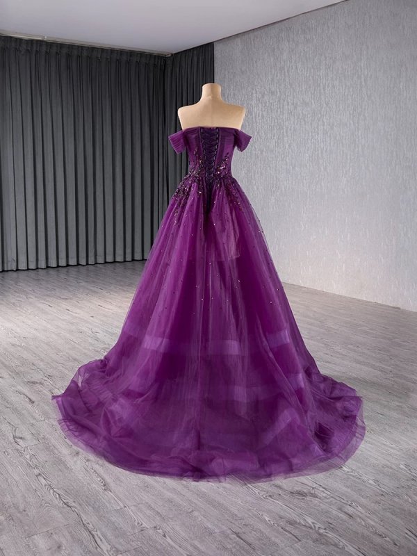 luxury model purple beading a line tull formal evening dress prom gown 241105