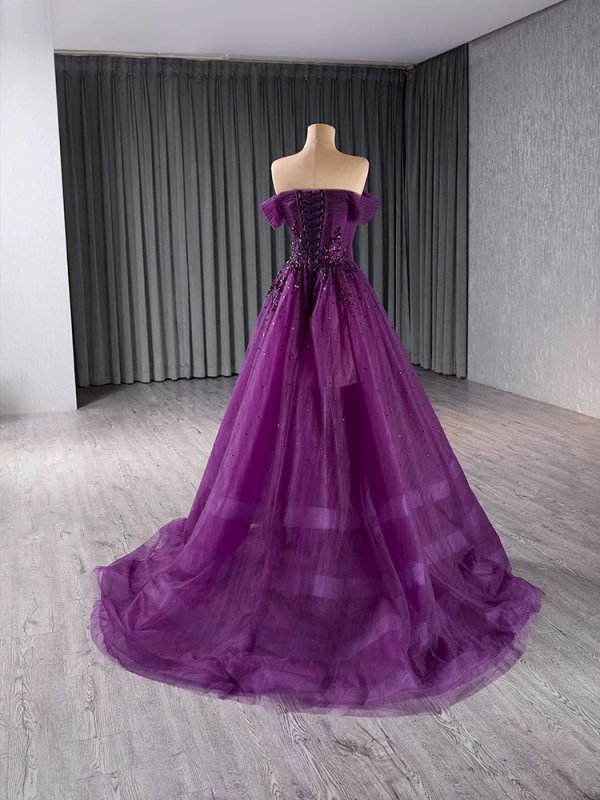 luxury model purple beading a line tull formal evening dress prom gown 241105