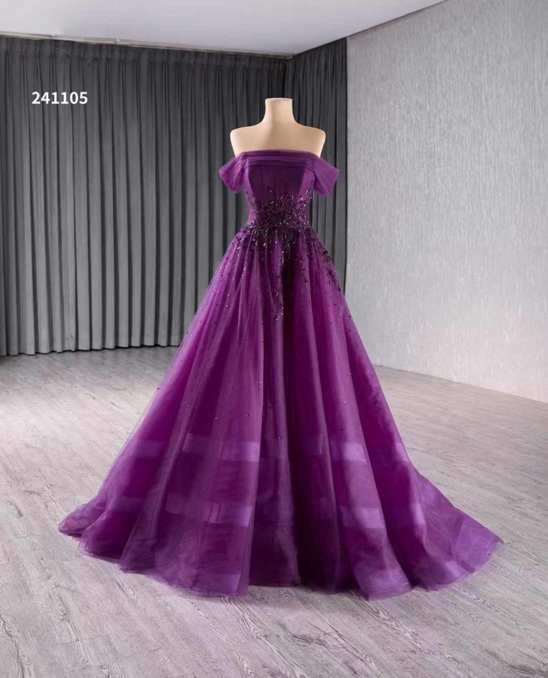 luxury model purple beading a line tull formal evening dress prom gown 241105