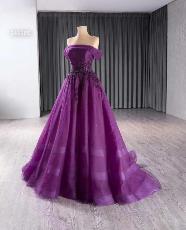 luxury model purple beading a line tull formal evening dress prom gown 241105