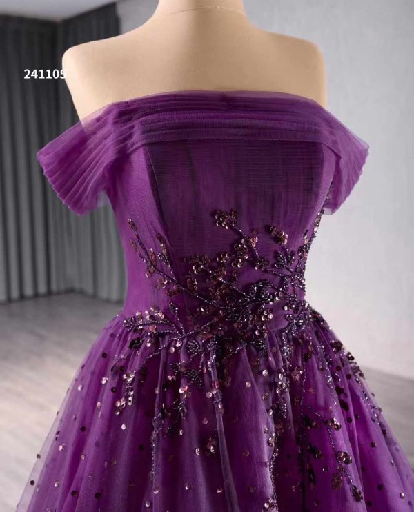 luxury model purple beading a line tull formal evening dress prom gown 241105