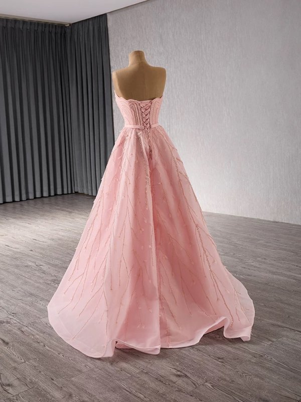 luxury model pink beading a line tull formal evening dress prom gown 241109
