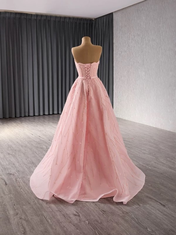 luxury model pink beading a line tull formal evening dress prom gown 241109