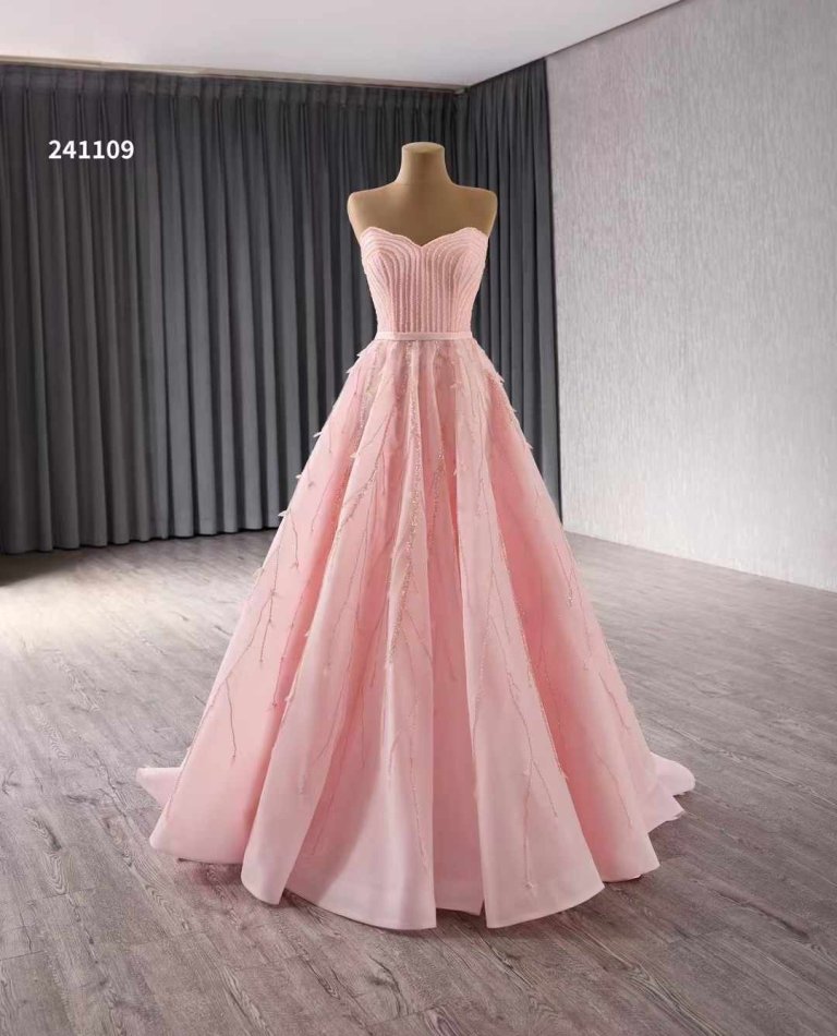 luxury model pink beading a line tull formal evening dress prom gown 241109